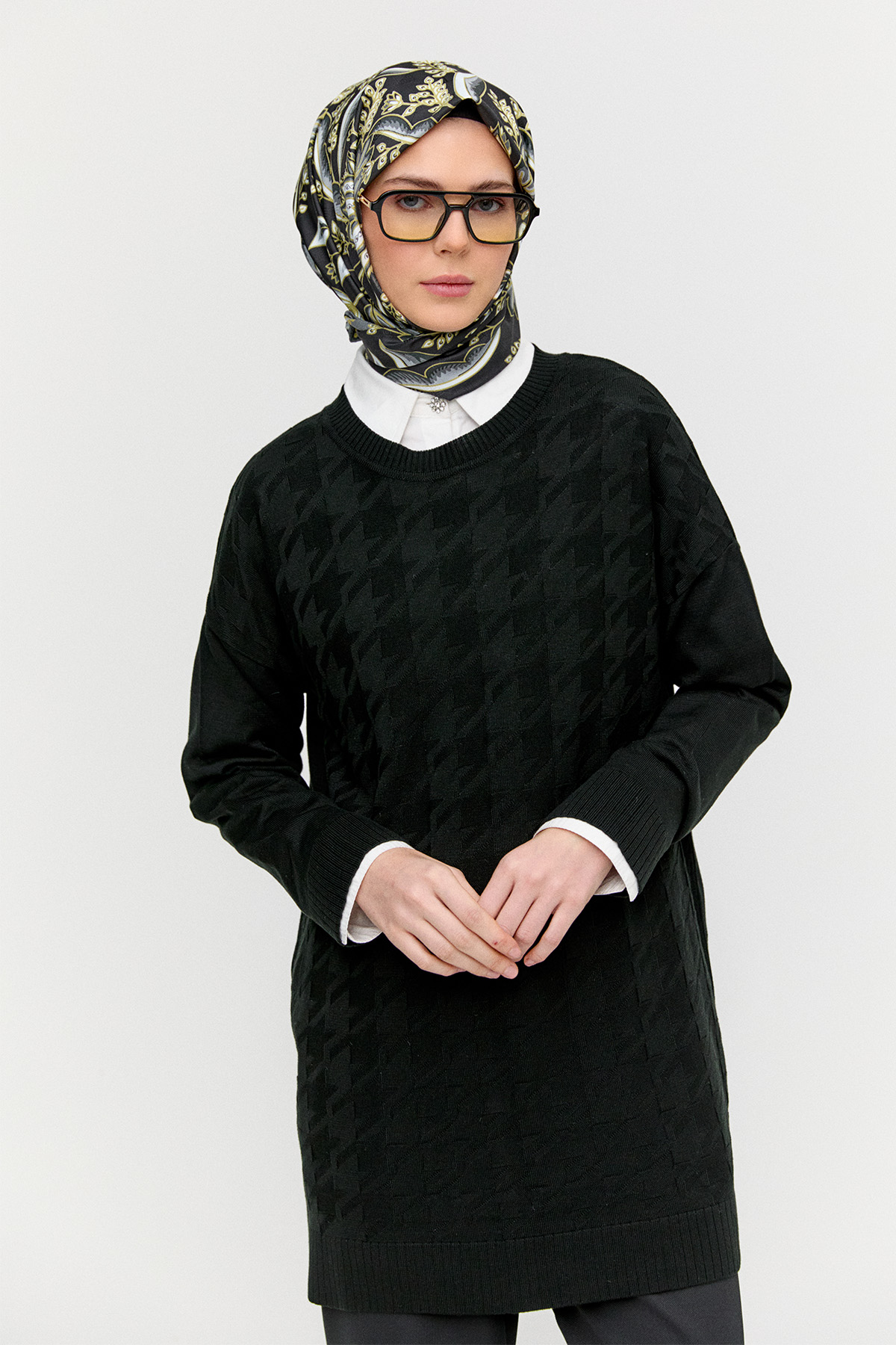 Kaz Ayağı Desenli Triko Tunik, Tesettür Giyim
