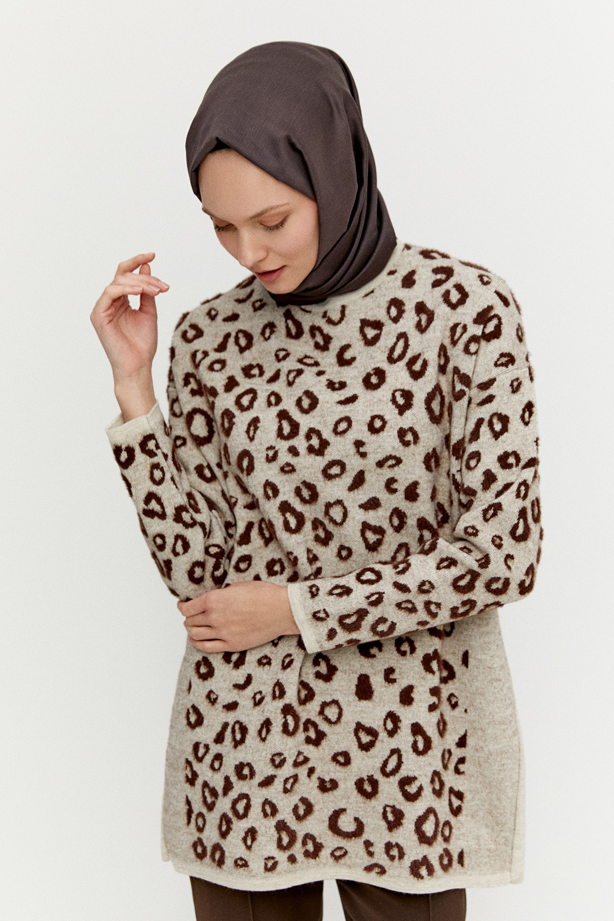 Leopar Detaylı Triko Tunik