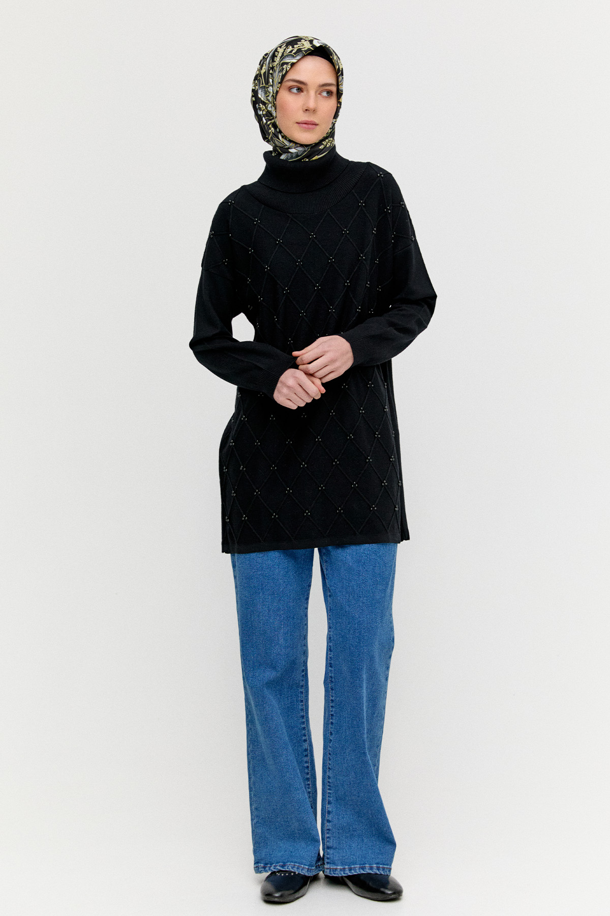 İnci Detaylı Boğazlı Triko Tunik, Tesettür Giyim