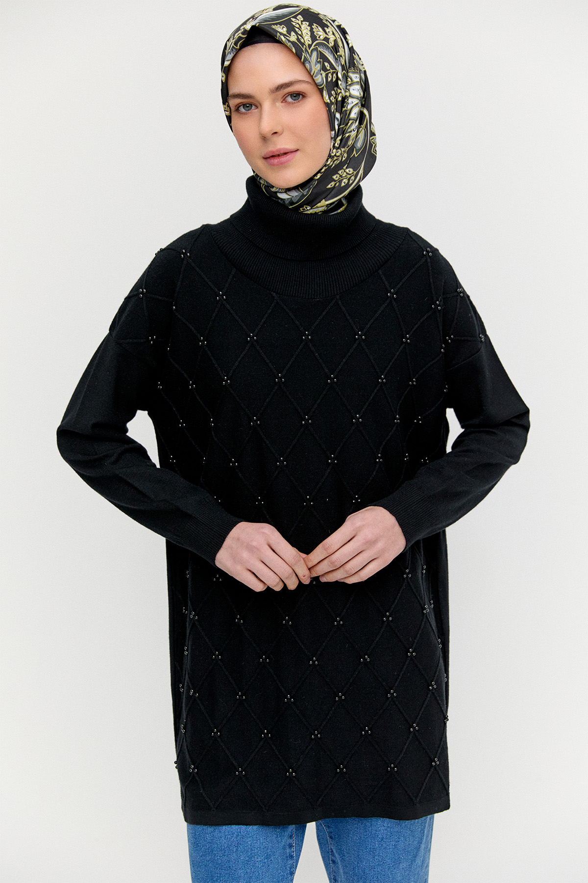 İnci Detaylı Boğazlı Triko Tunik, Tesettür Giyim