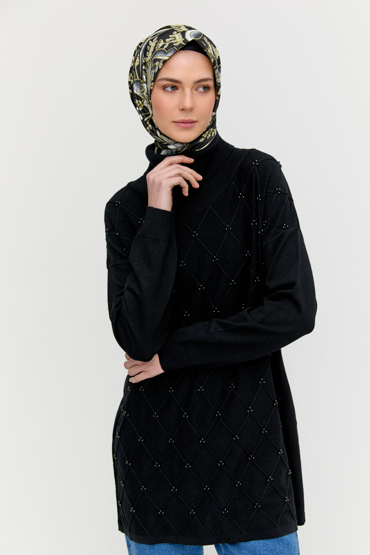 İnci Detaylı Boğazlı Triko Tunik, Tesettür Giyim