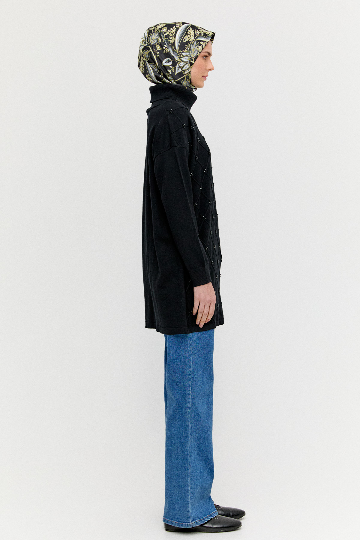 İnci Detaylı Boğazlı Triko Tunik, Tesettür Giyim