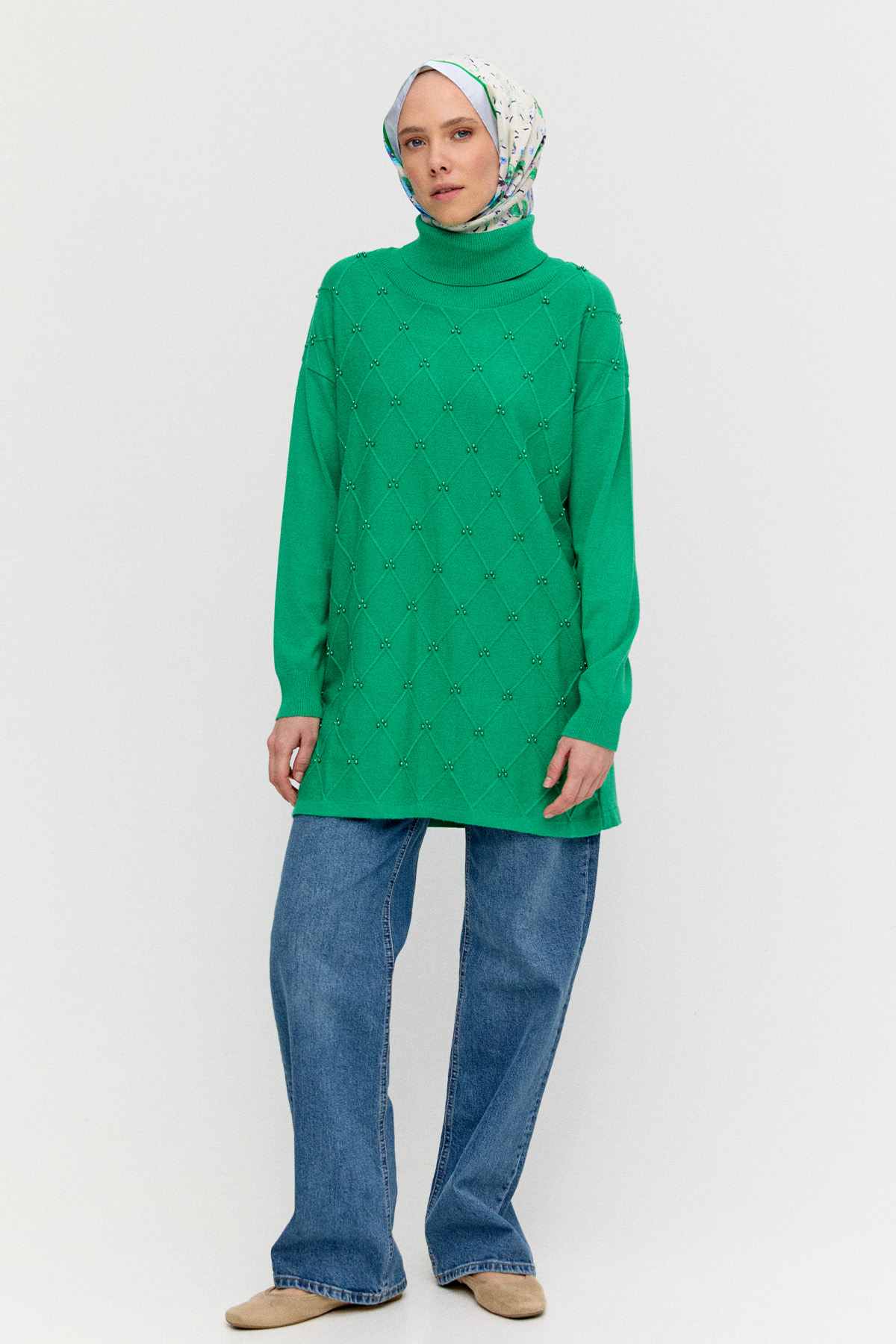 İnci Detaylı Boğazlı Triko Tunik, Tesettür Giyim