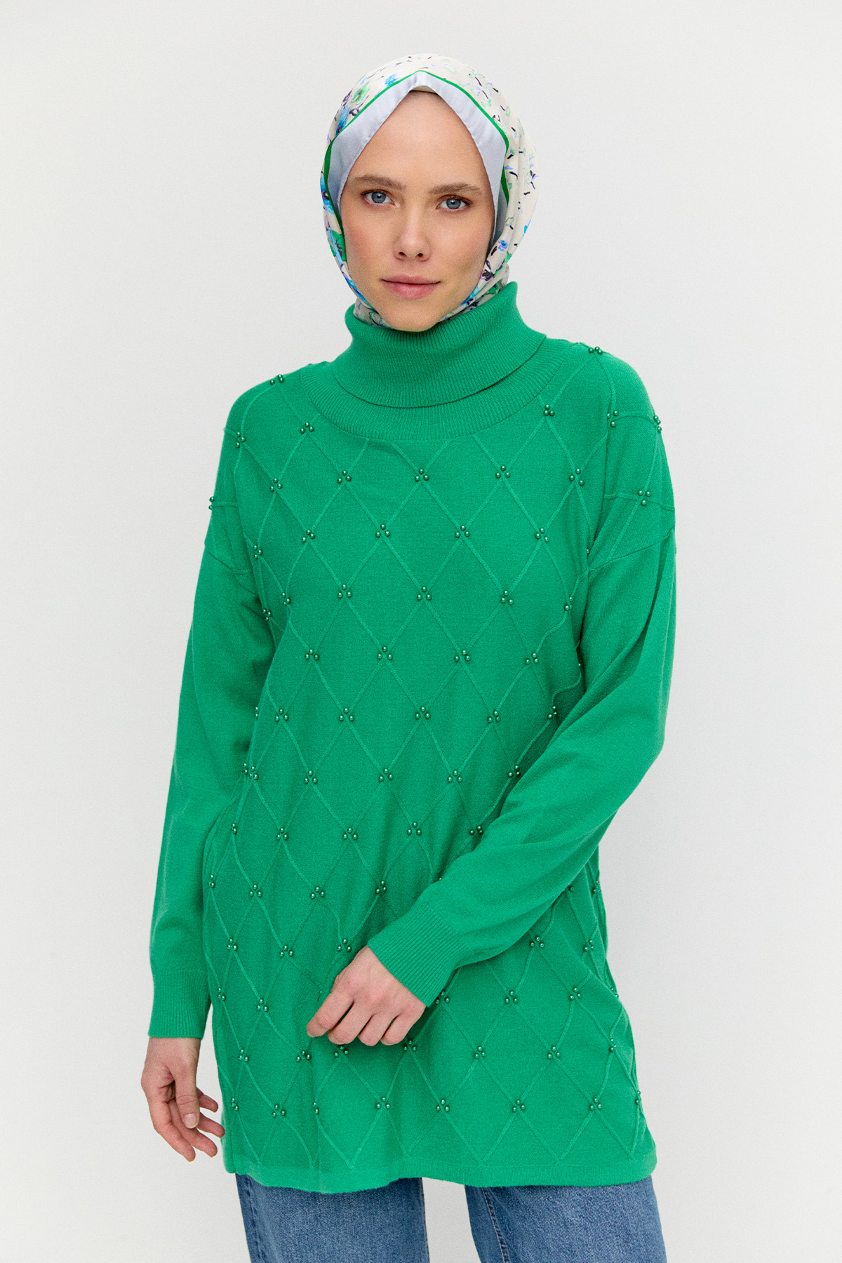 İnci Detaylı Boğazlı Triko Tunik, Tesettür Giyim