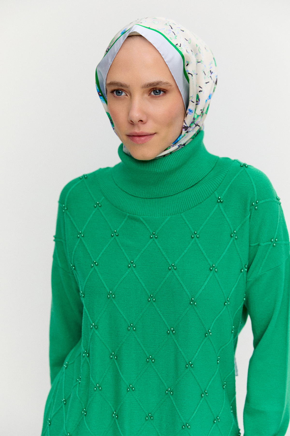 İnci Detaylı Boğazlı Triko Tunik, Tesettür Giyim