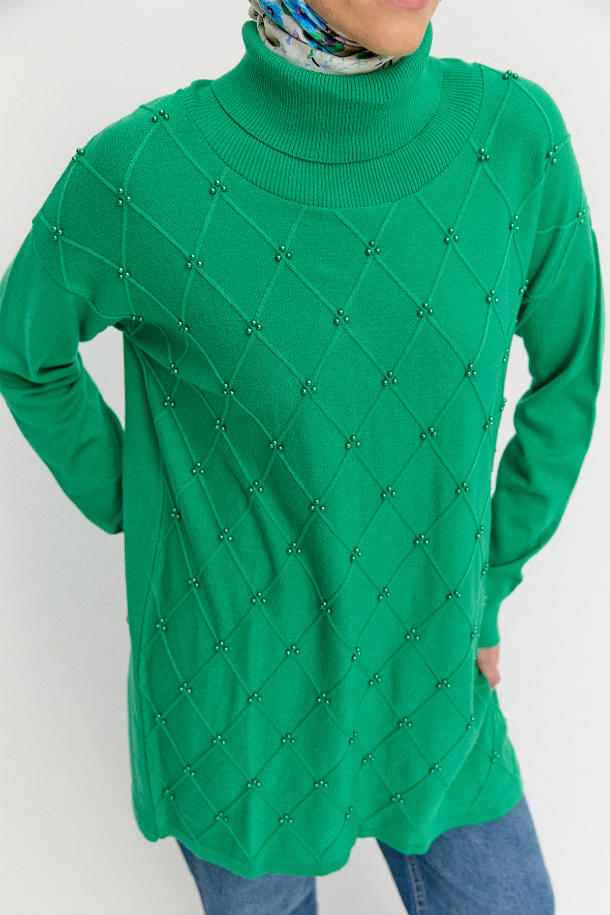 İnci Detaylı Boğazlı Triko Tunik, Tesettür Giyim