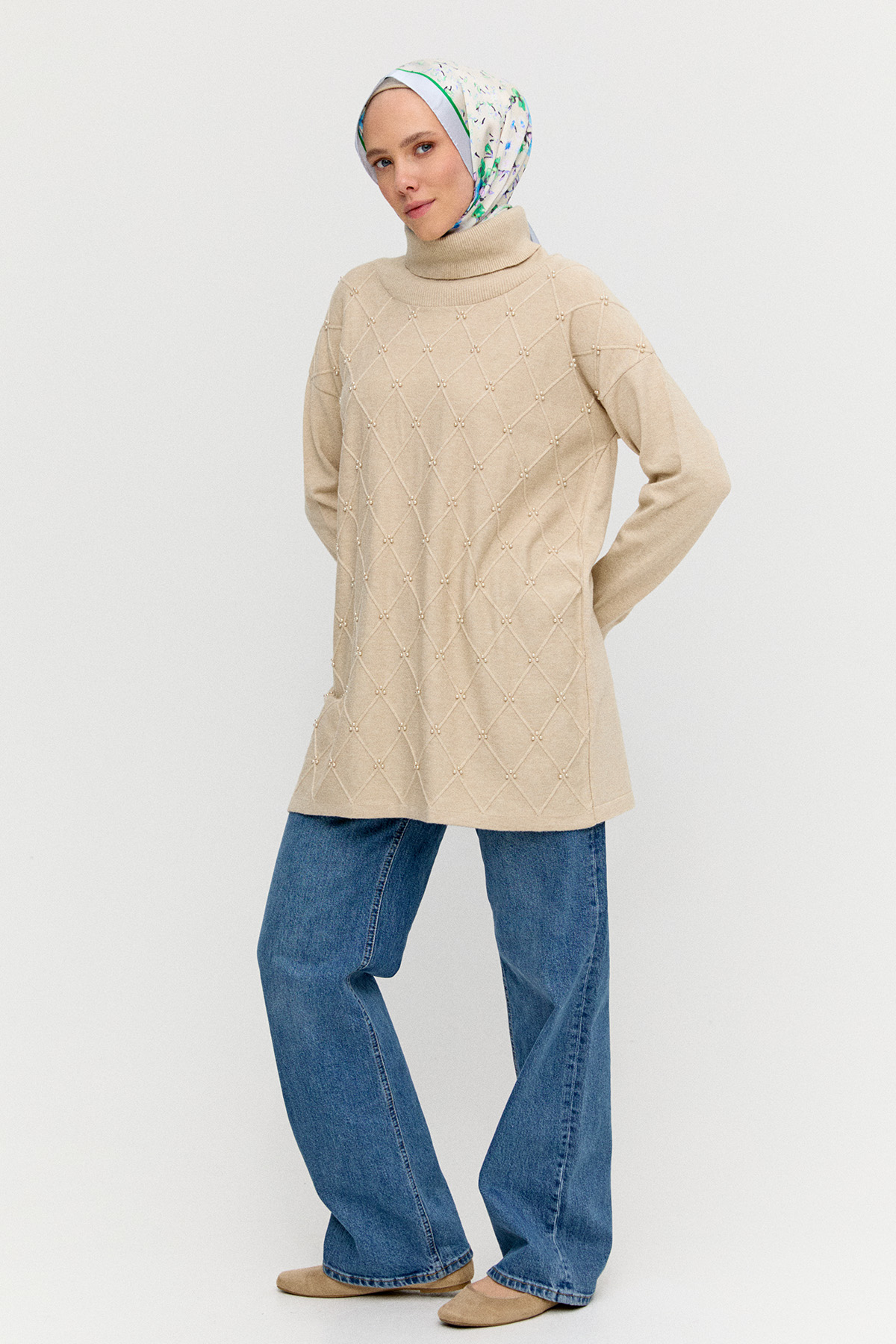 İnci Detaylı Boğazlı Triko Tunik, Tesettür Giyim