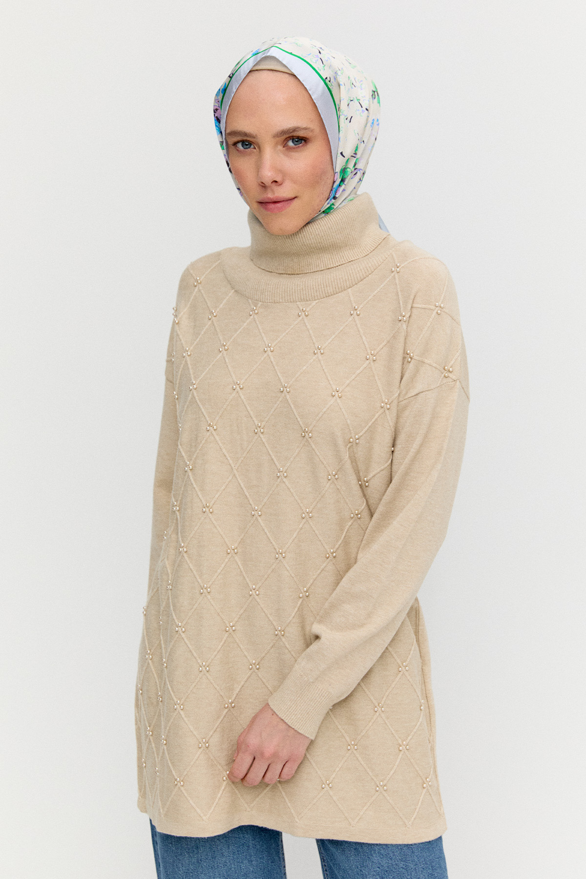 İnci Detaylı Boğazlı Triko Tunik, Tesettür Giyim