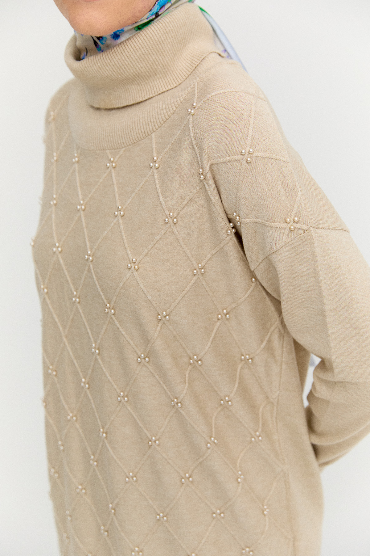 İnci Detaylı Boğazlı Triko Tunik, Tesettür Giyim