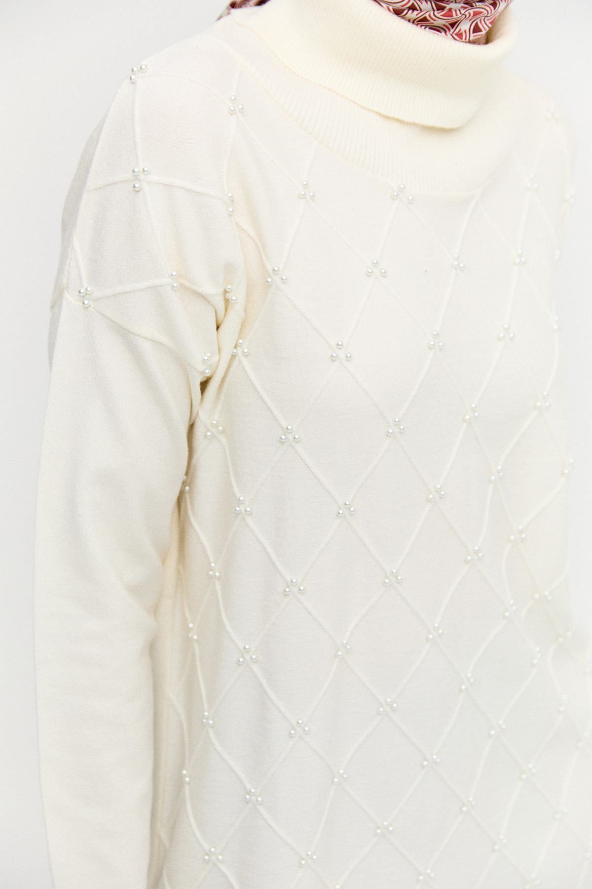 İnci Detaylı Boğazlı Triko Tunik, Tesettür Giyim