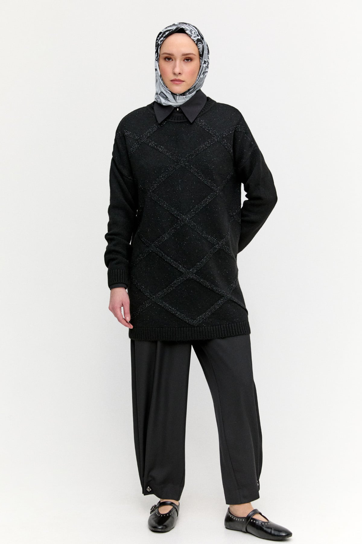 Sim Detaylı Baklava Desenli Triko Tunik, Tesettür Giyim