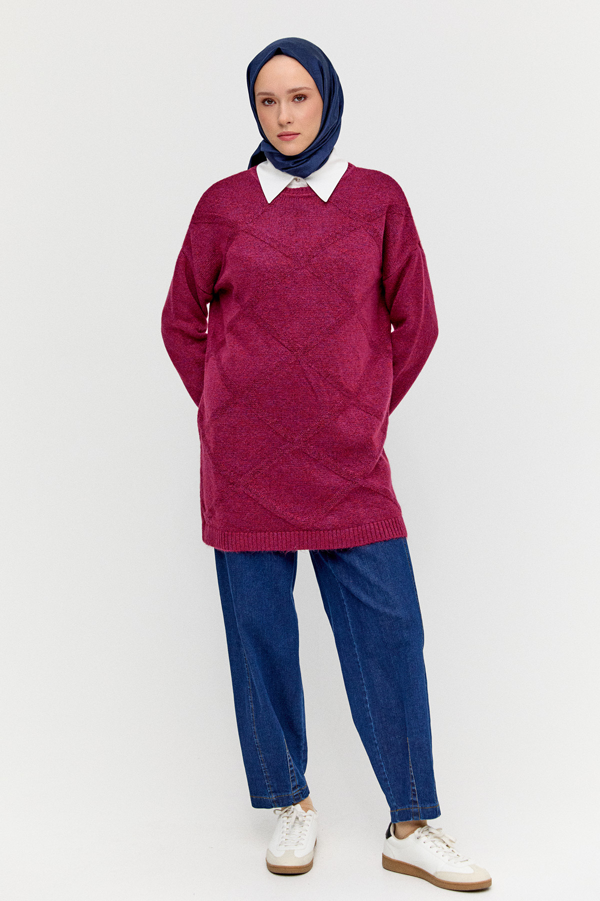 Sim Detaylı Baklava Desenli Triko Tunik, Tesettür Giyim