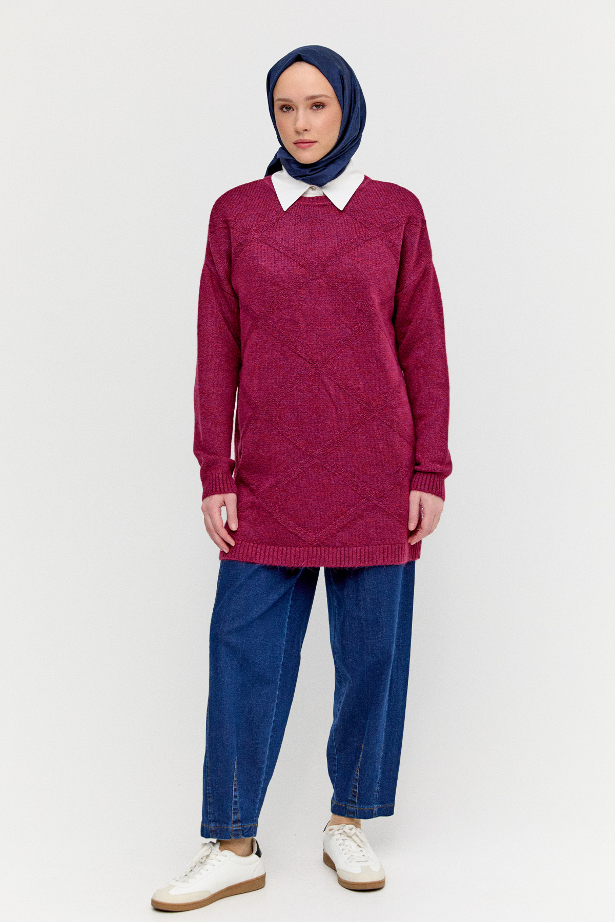 Sim Detaylı Baklava Desenli Triko Tunik, Tesettür Giyim