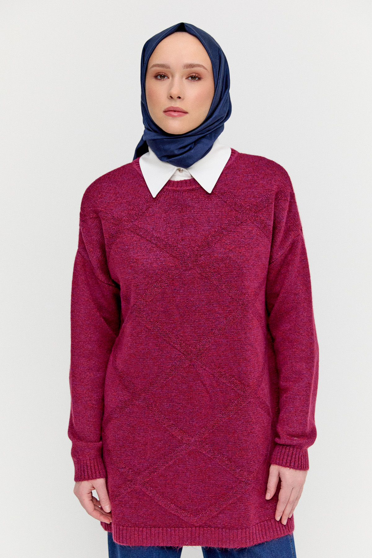 Sim Detaylı Baklava Desenli Triko Tunik, Tesettür Giyim