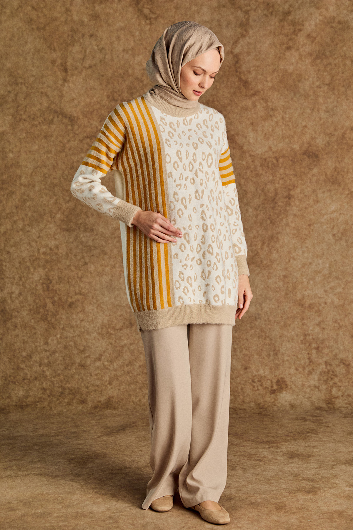 Çizgili Leopar Desenli Triko Tunik