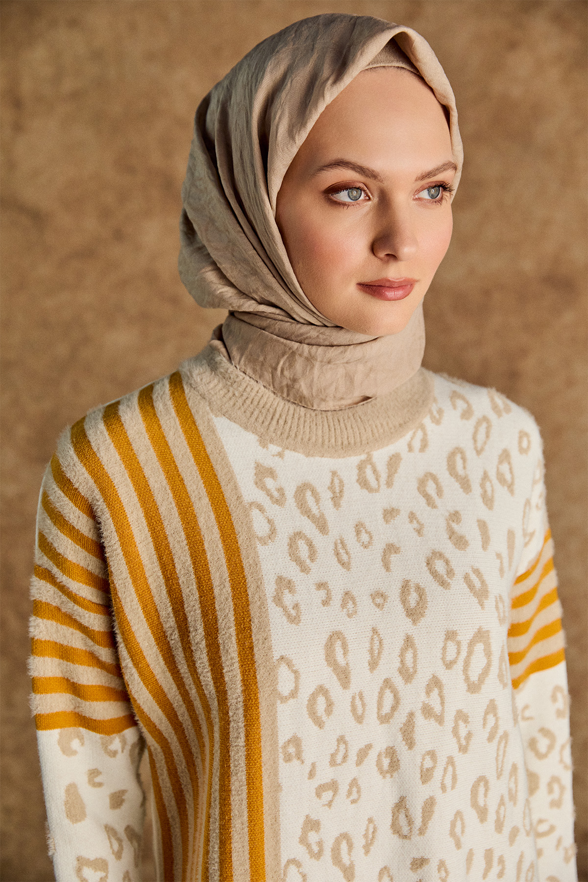 Çizgili Leopar Desenli Triko Tunik