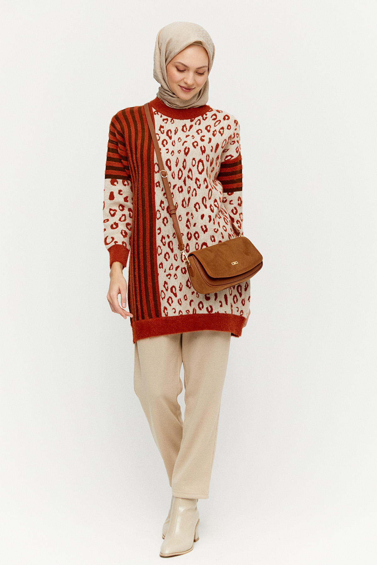 Çizgili Leopar Desenli Triko Tunik