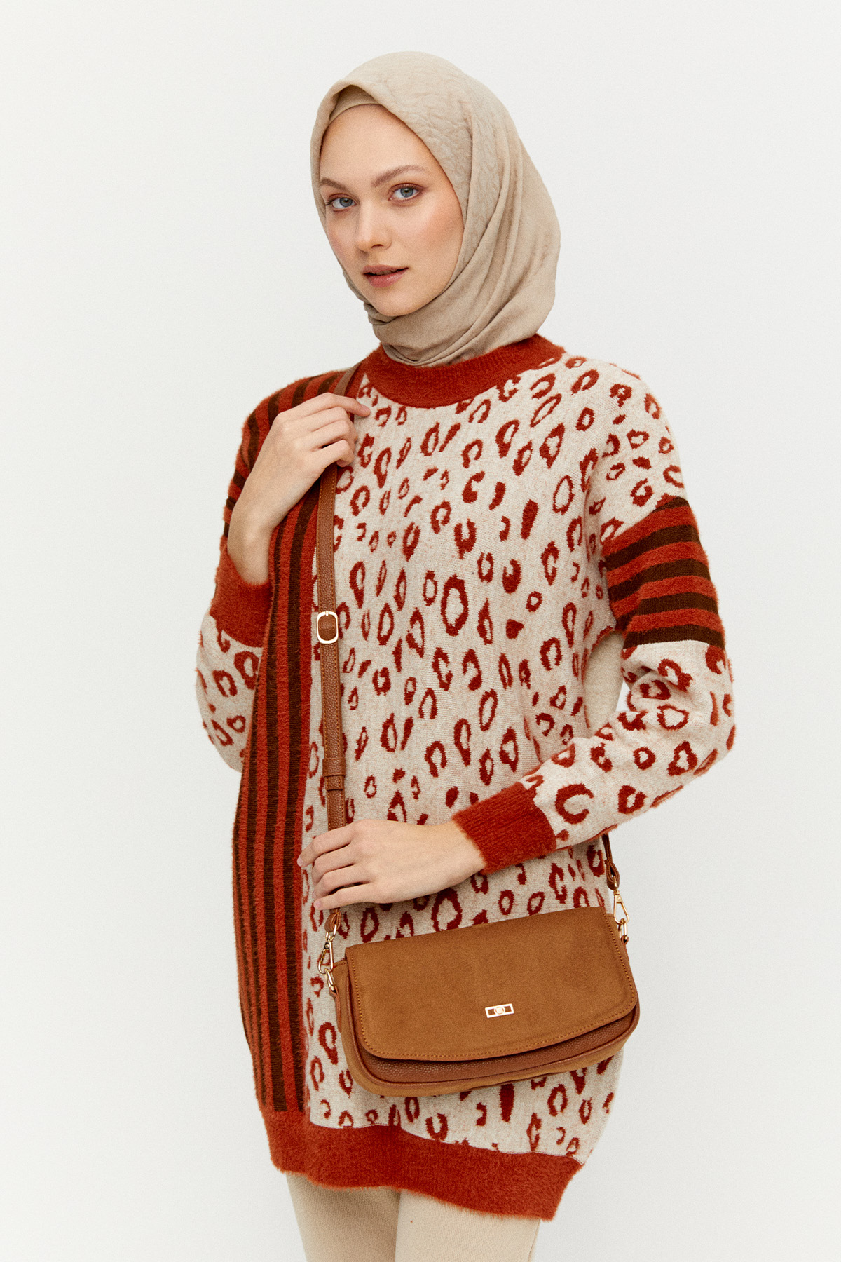 Çizgili Leopar Desenli Triko Tunik