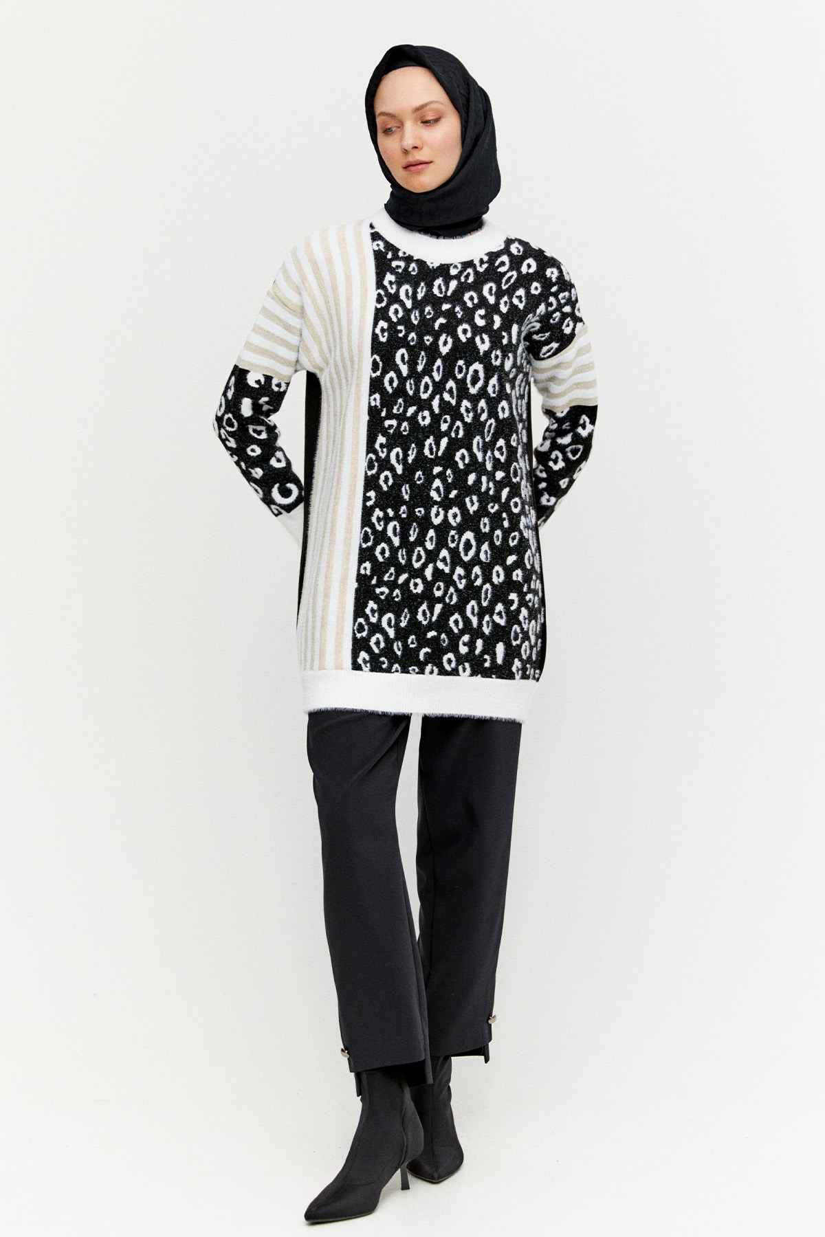 Çizgili Leopar Desenli Triko Tunik