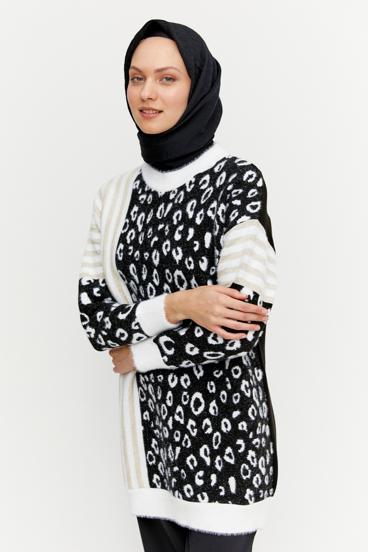 Çizgili Leopar Desenli Triko Tunik