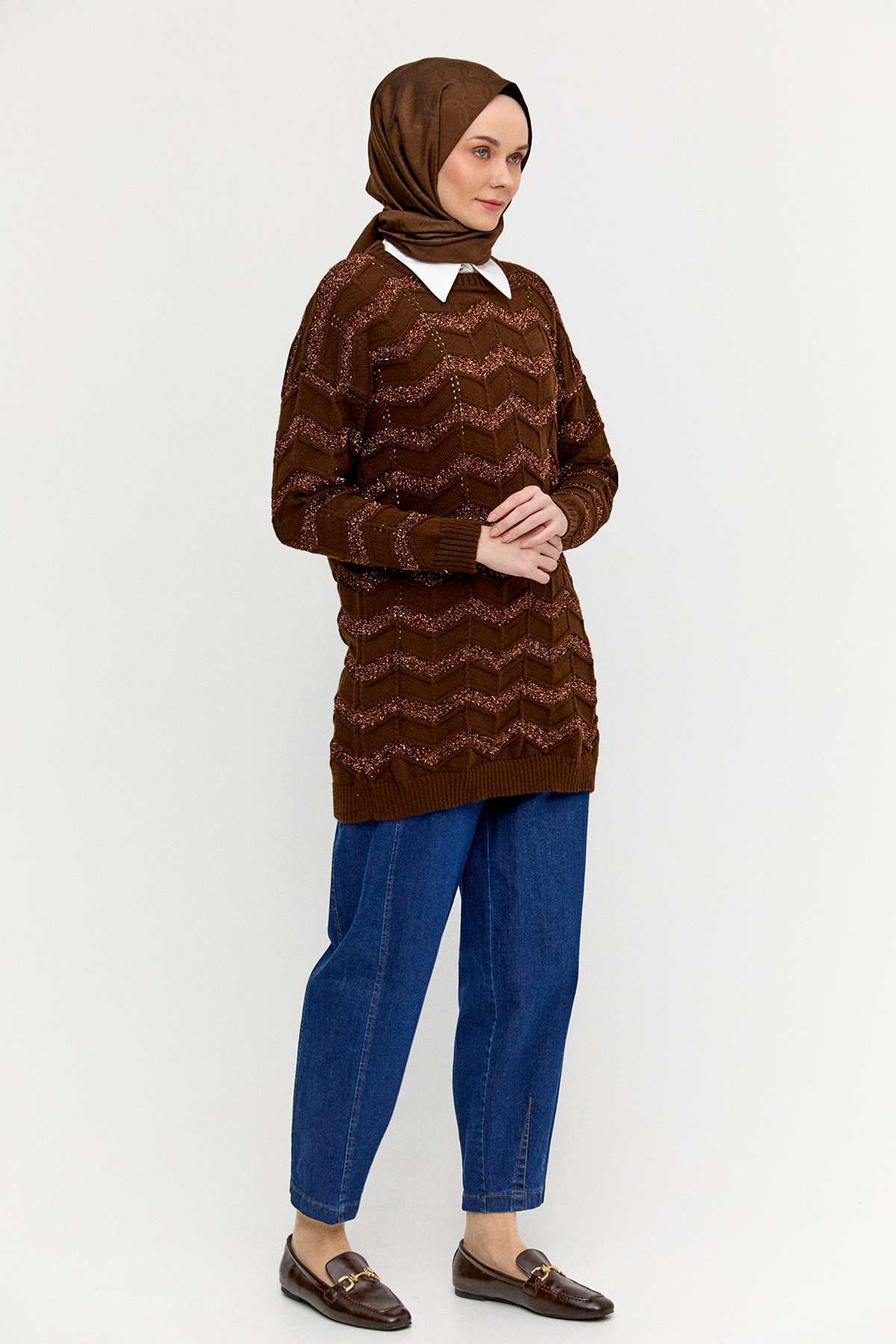 Sim Dokulu Geometrik Desenli Triko Tunik, Tesettür Giyim