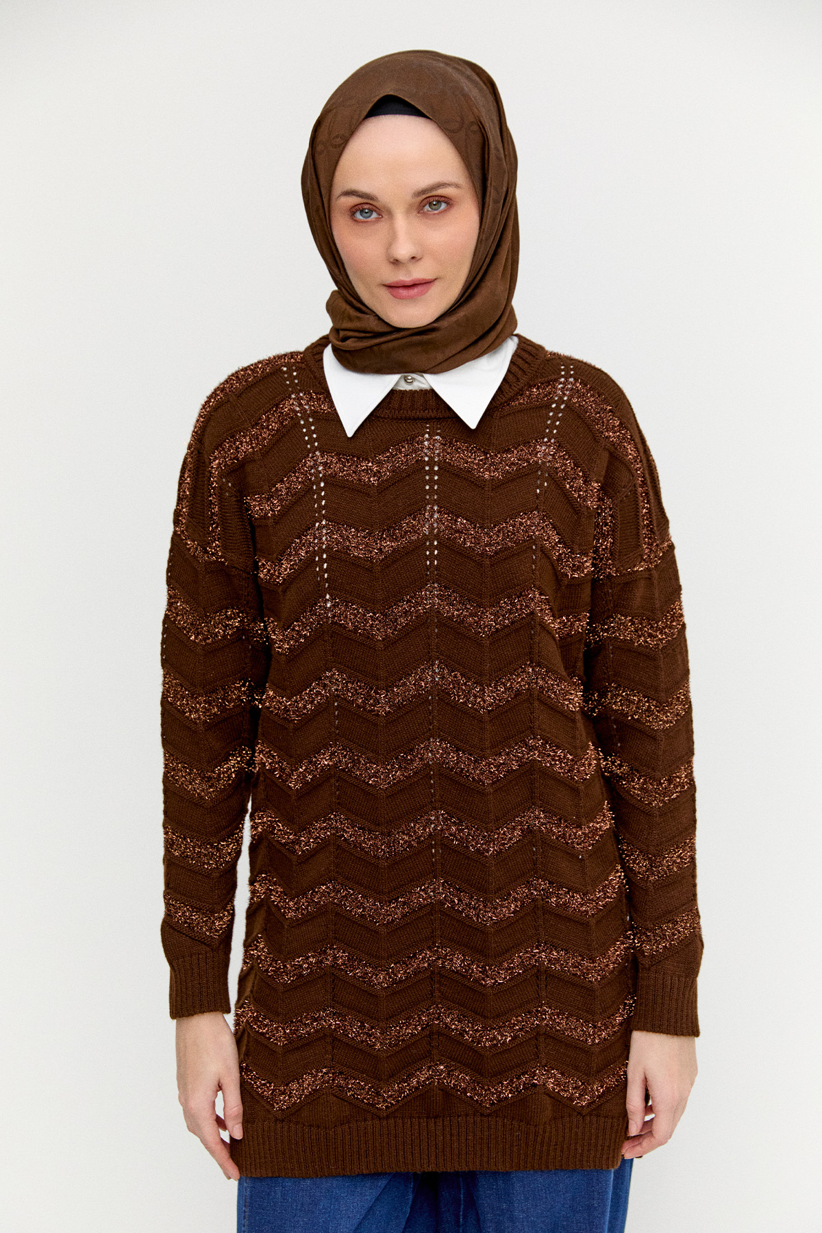 Sim Dokulu Geometrik Desenli Triko Tunik, Tesettür Giyim