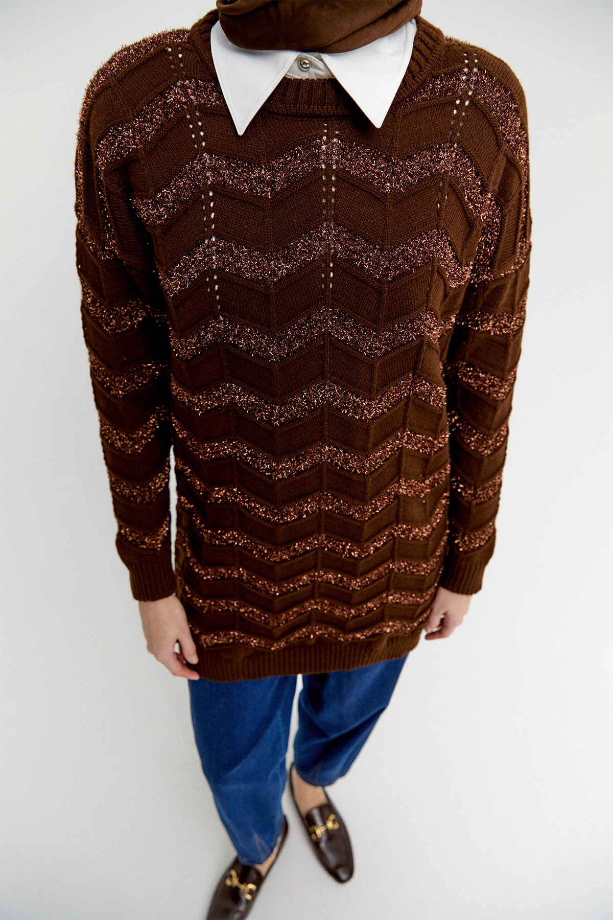 Sim Dokulu Geometrik Desenli Triko Tunik, Tesettür Giyim