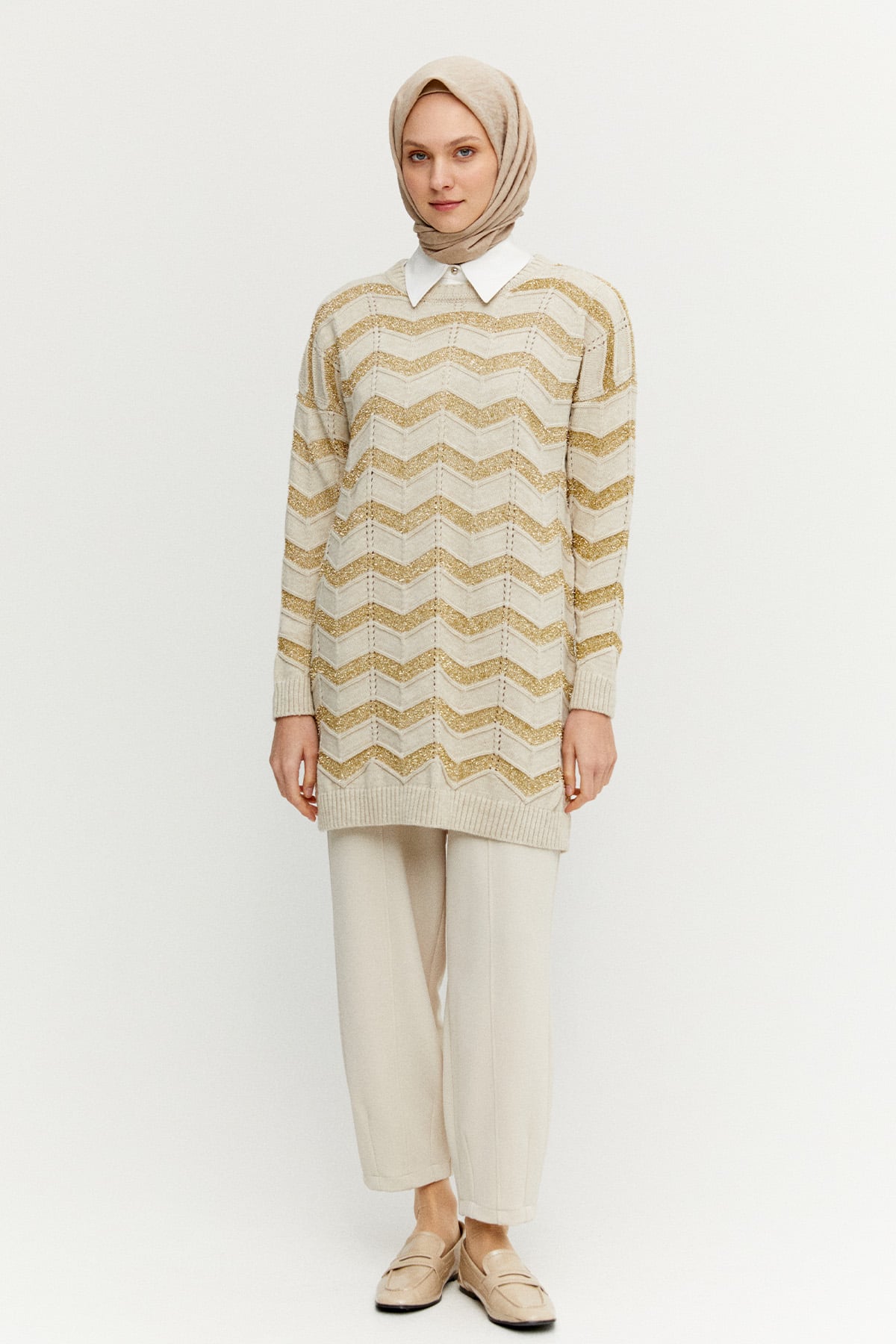 Sim Dokulu Geometrik Desenli Triko Tunik, Tesettür Giyim