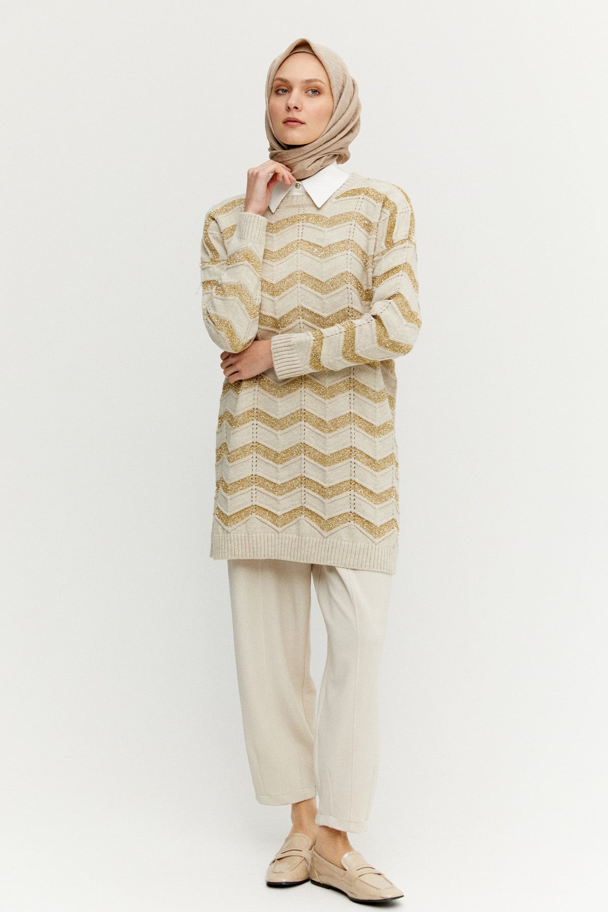 Sim Dokulu Geometrik Desenli Triko Tunik, Tesettür Giyim