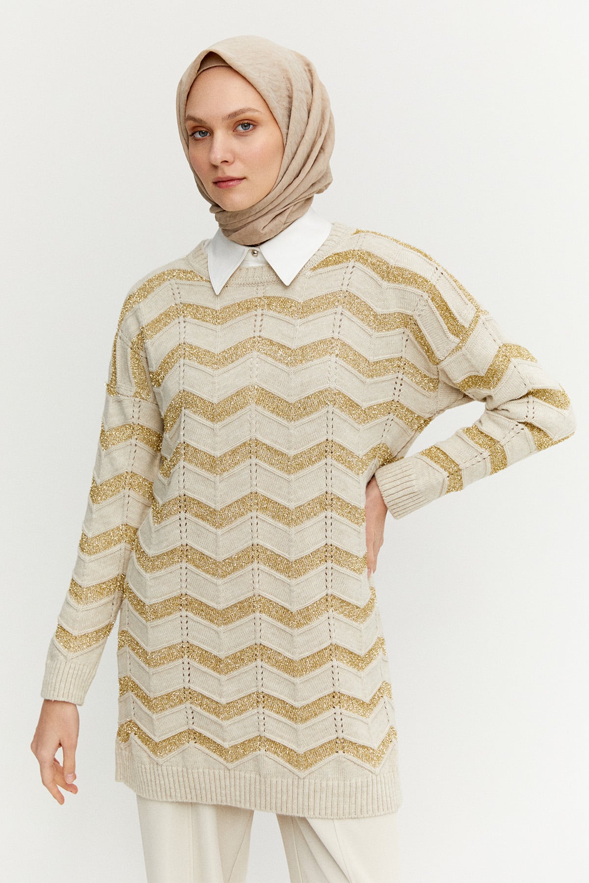 Sim Dokulu Geometrik Desenli Triko Tunik, Tesettür Giyim