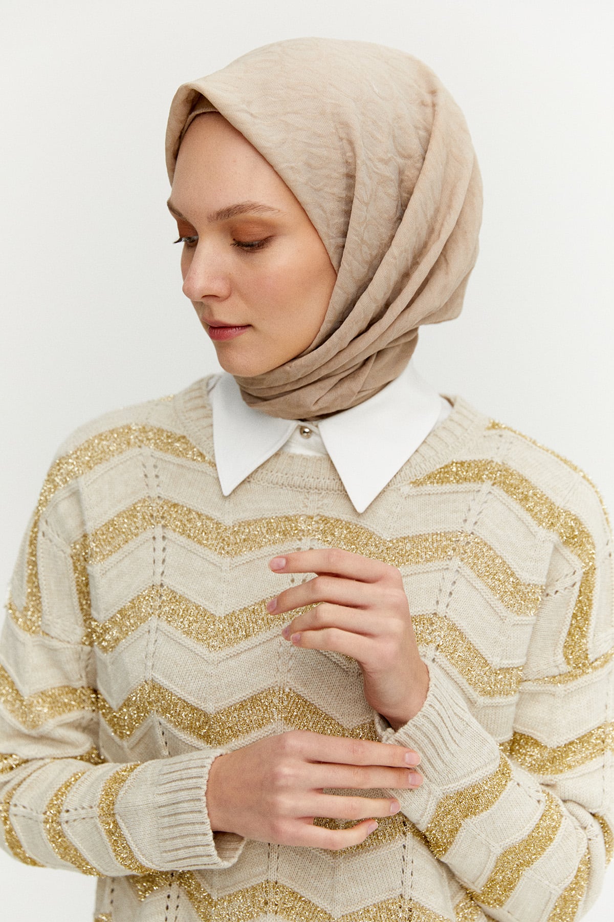 Sim Dokulu Geometrik Desenli Triko Tunik, Tesettür Giyim