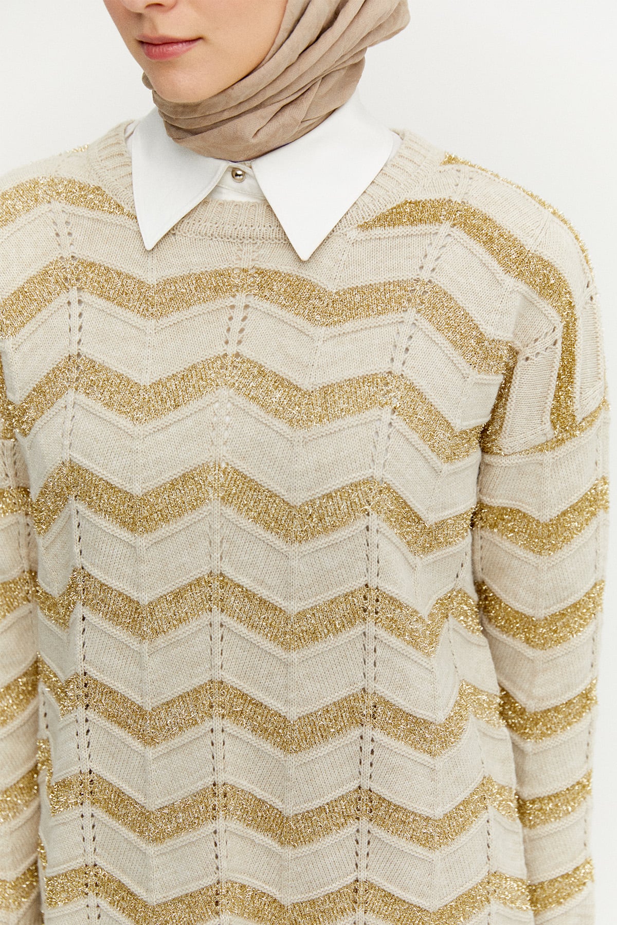 Sim Dokulu Geometrik Desenli Triko Tunik, Tesettür Giyim