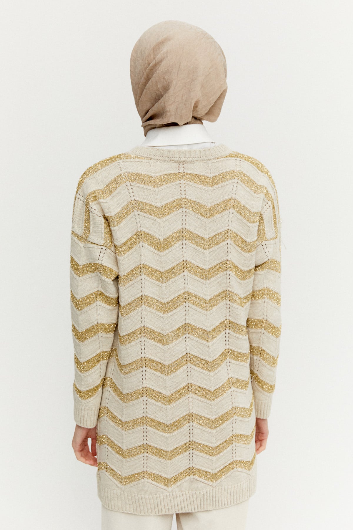 Sim Dokulu Geometrik Desenli Triko Tunik, Tesettür Giyim