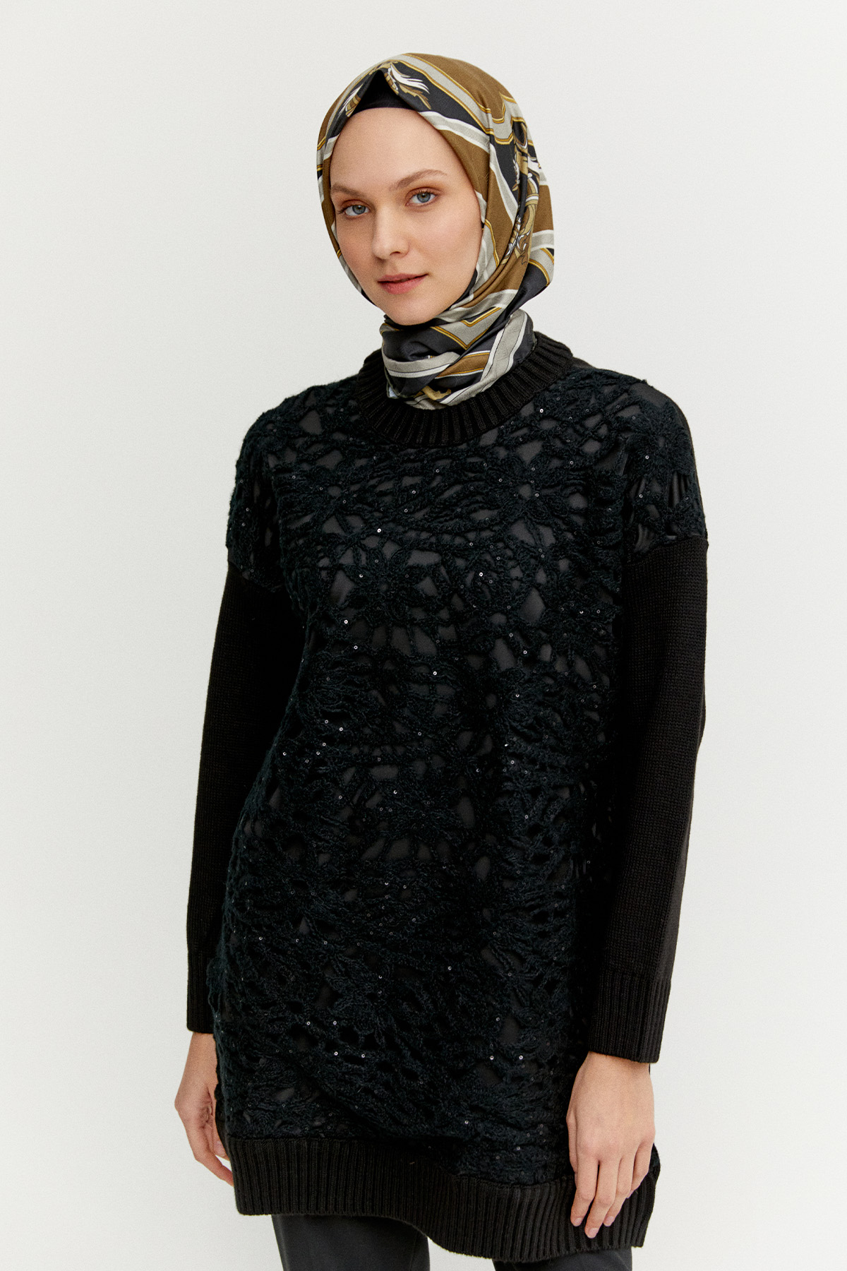 Çiçek Motifli Triko Tunik, Tesettür Giyim