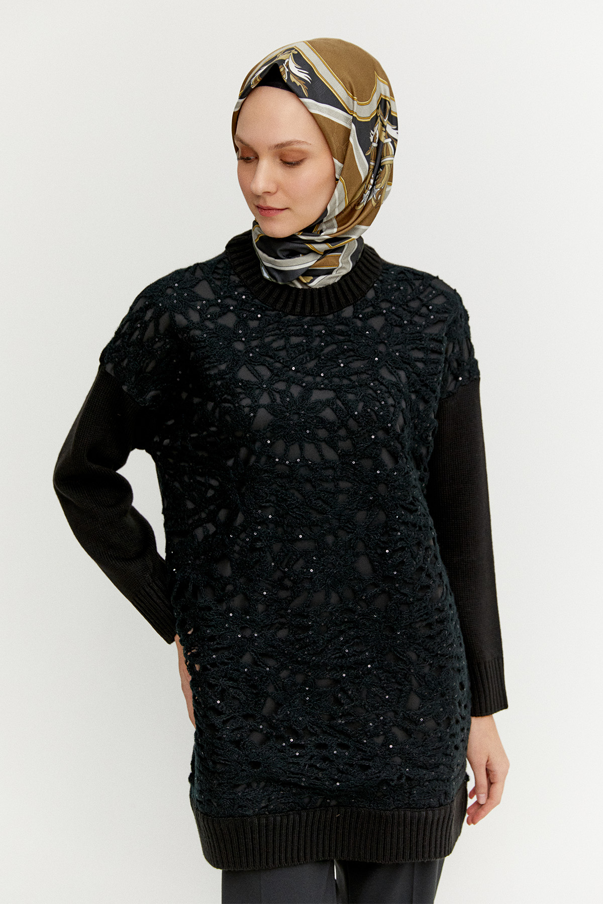 Çiçek Motifli Triko Tunik, Tesettür Giyim