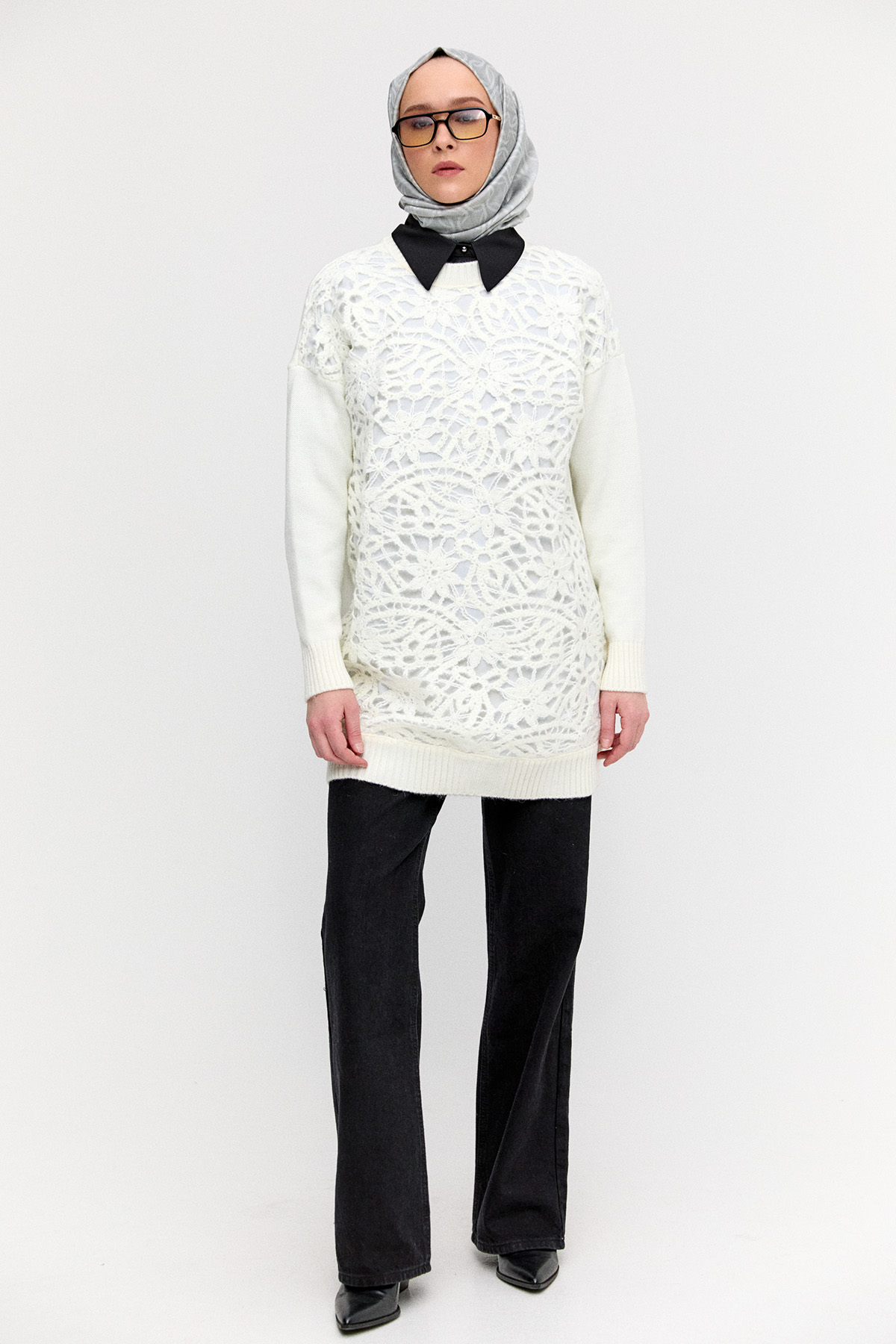 Çiçek Motifli Triko Tunik, Tesettür Giyim