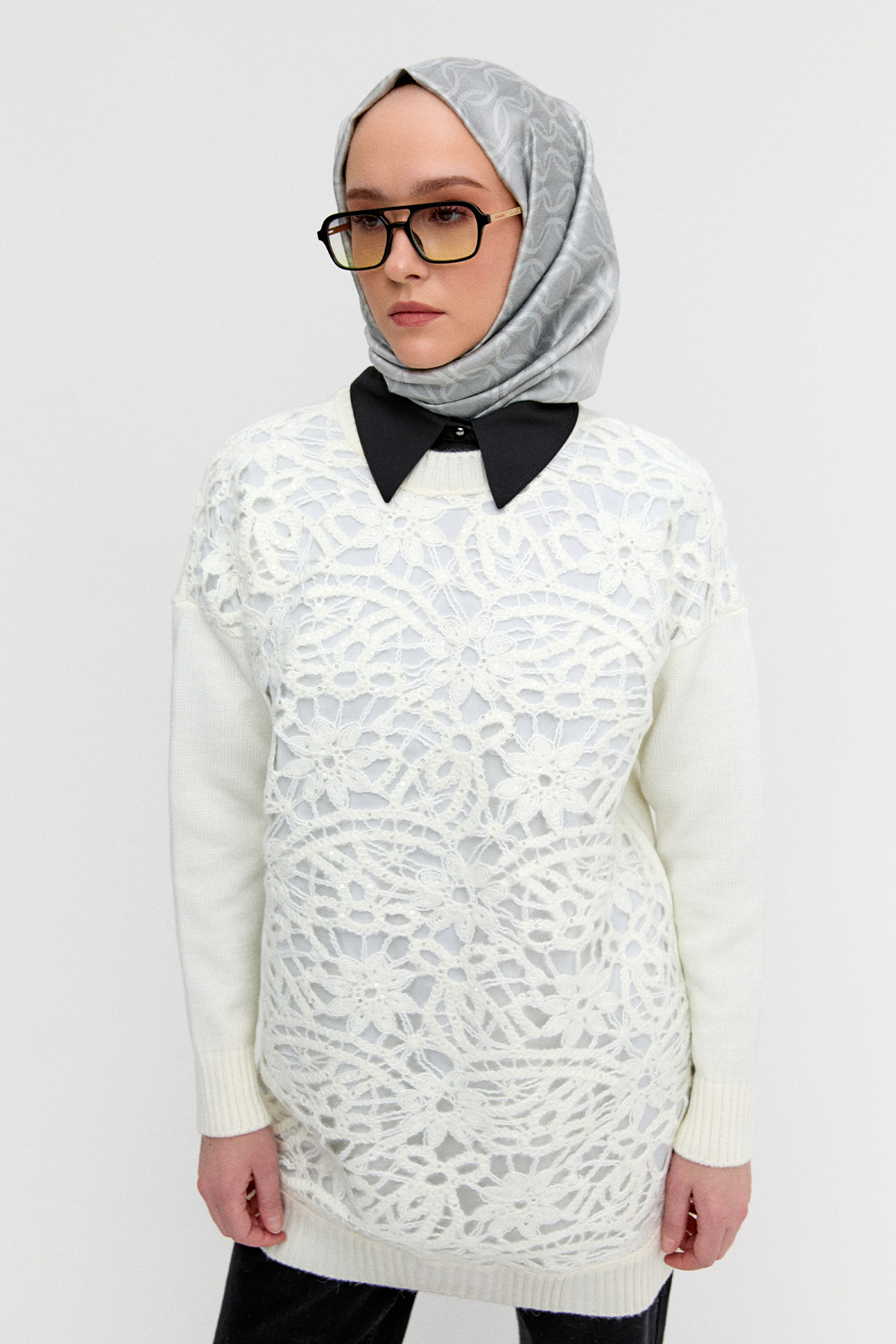 Çiçek Motifli Triko Tunik, Tesettür Giyim