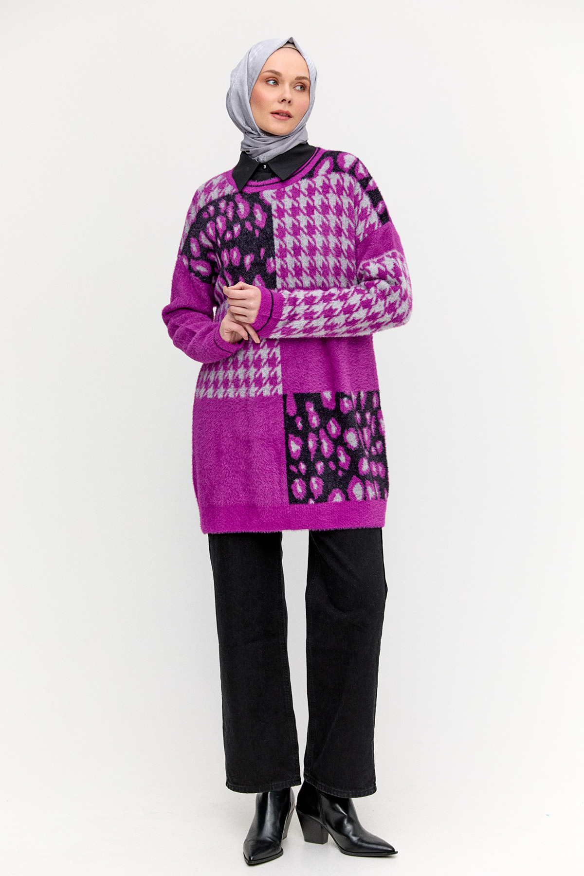 Desenli Yuvarlak Yaka Triko Tunik, Tesettür Giyim