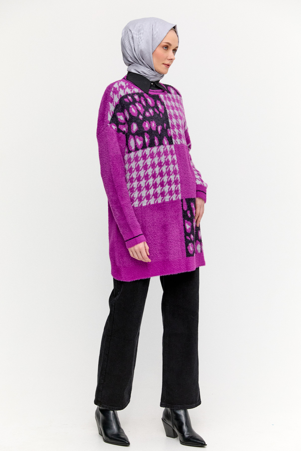 Desenli Yuvarlak Yaka Triko Tunik, Tesettür Giyim