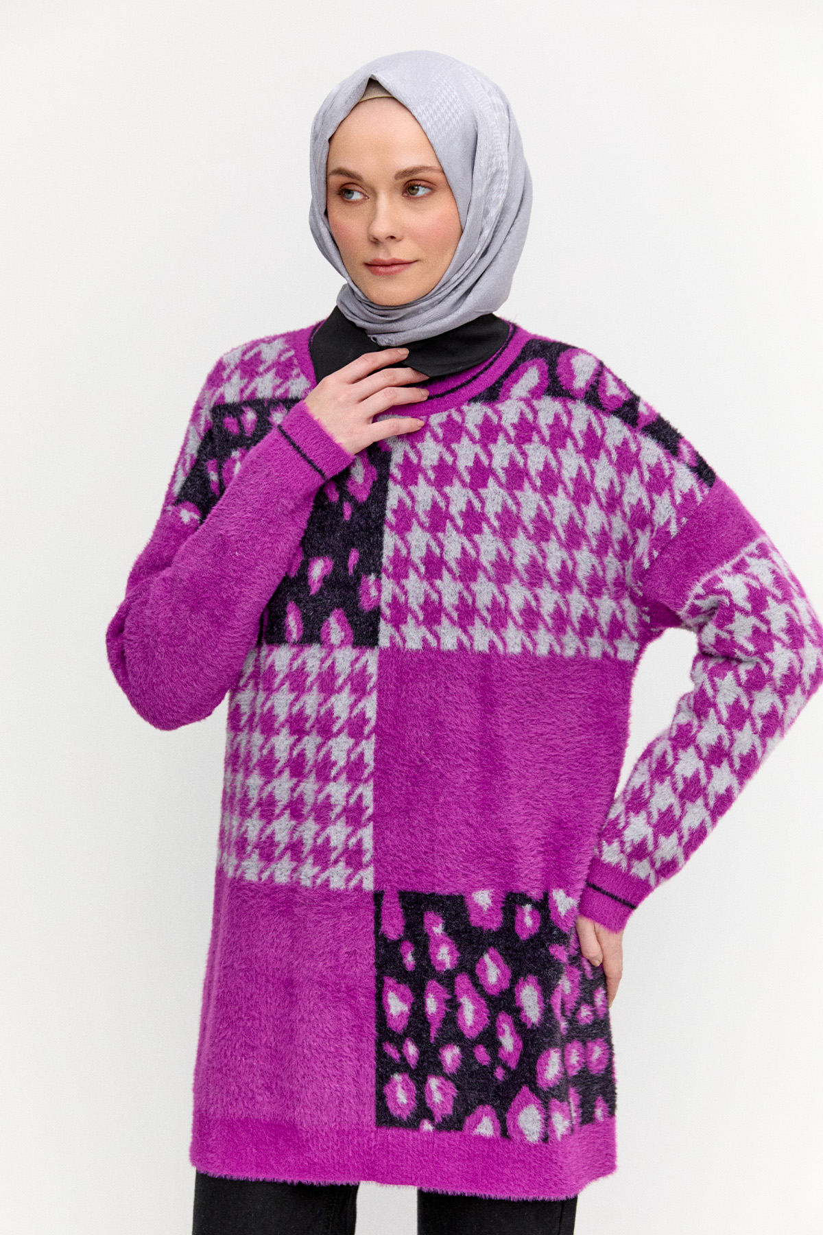 Desenli Yuvarlak Yaka Triko Tunik, Tesettür Giyim