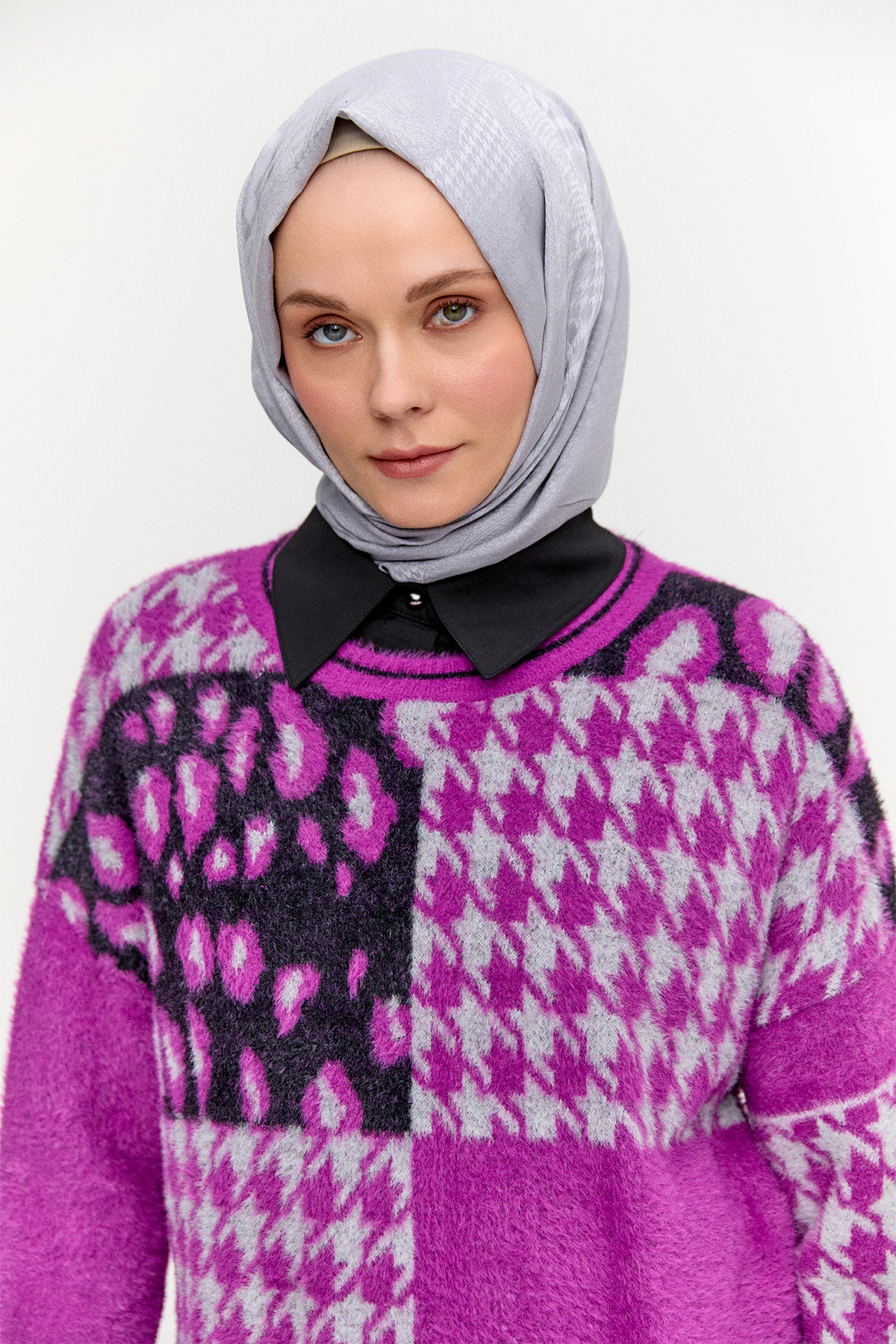 Desenli Yuvarlak Yaka Triko Tunik, Tesettür Giyim