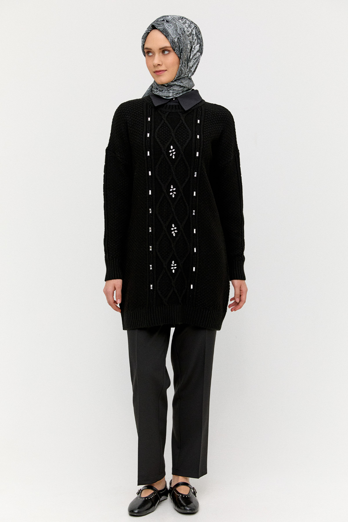 Taşlı Desenli Triko Tunik, Tesettür Giyim