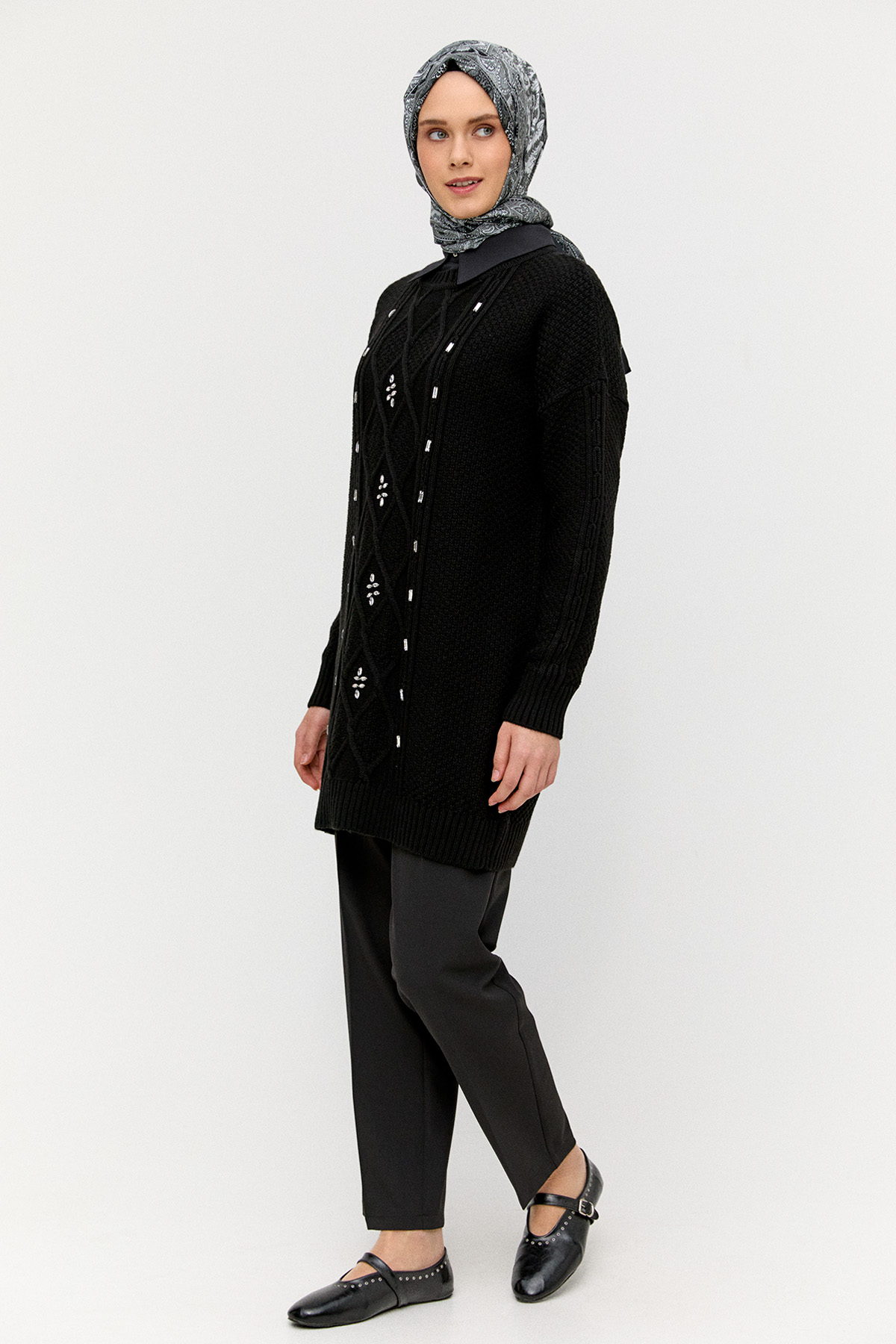Taşlı Desenli Triko Tunik, Tesettür Giyim