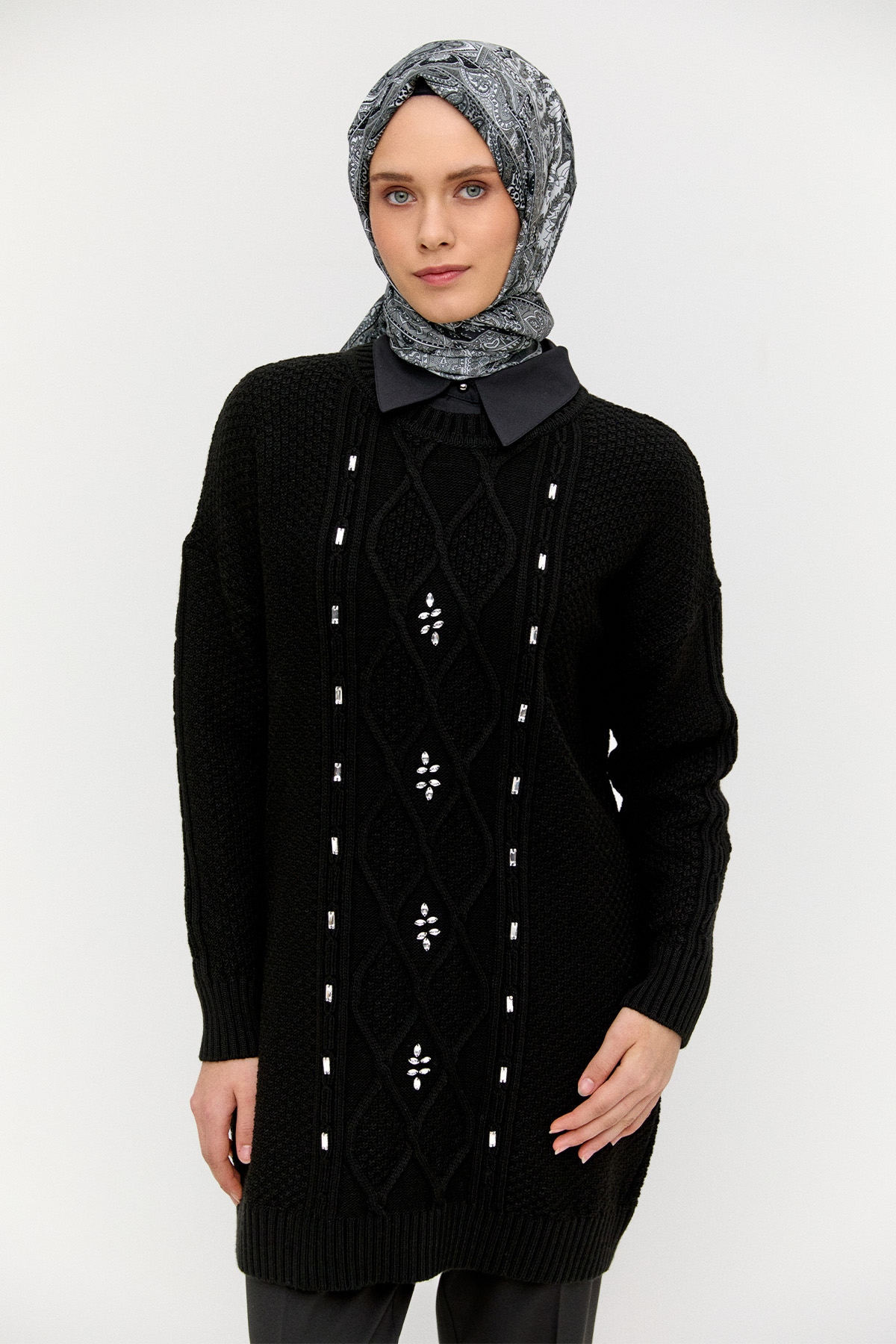 Taşlı Desenli Triko Tunik, Tesettür Giyim