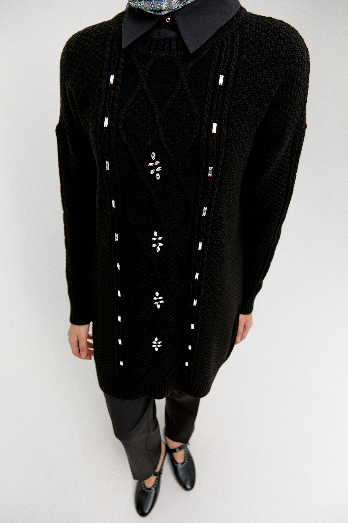 Taşlı Desenli Triko Tunik, Tesettür Giyim