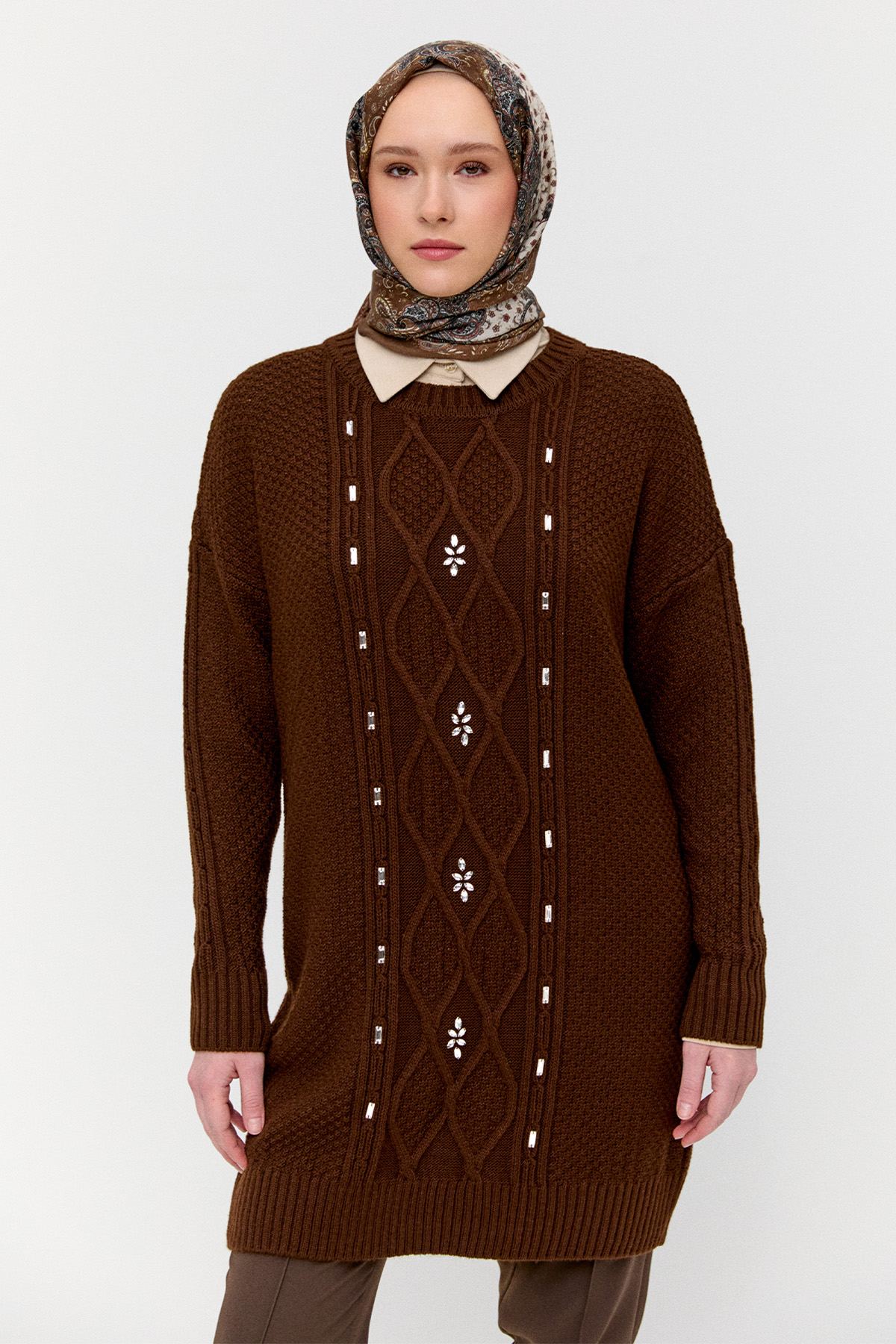 Taşlı Desenli Triko Tunik, Tesettür Giyim