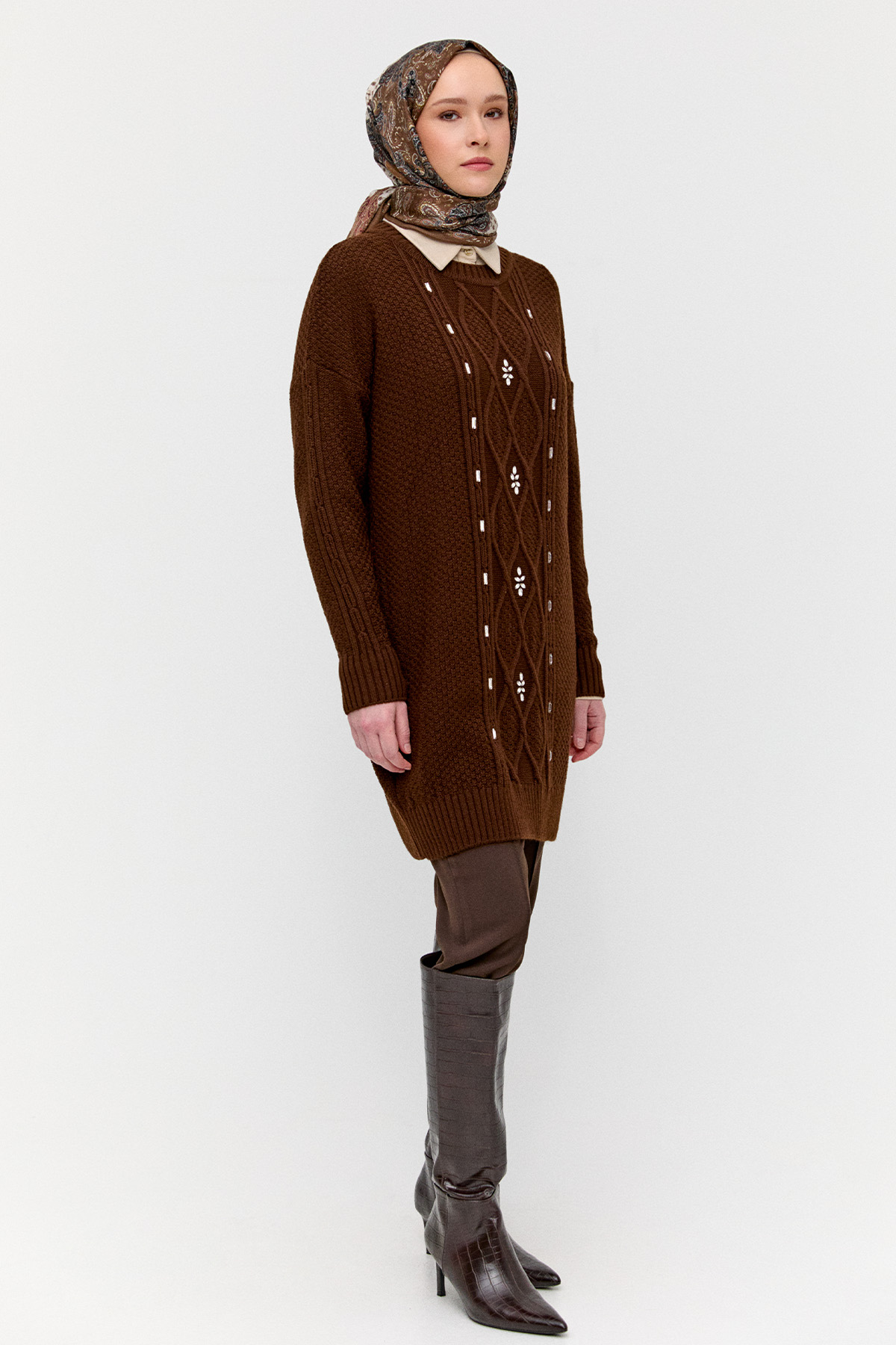 Taşlı Desenli Triko Tunik, Tesettür Giyim