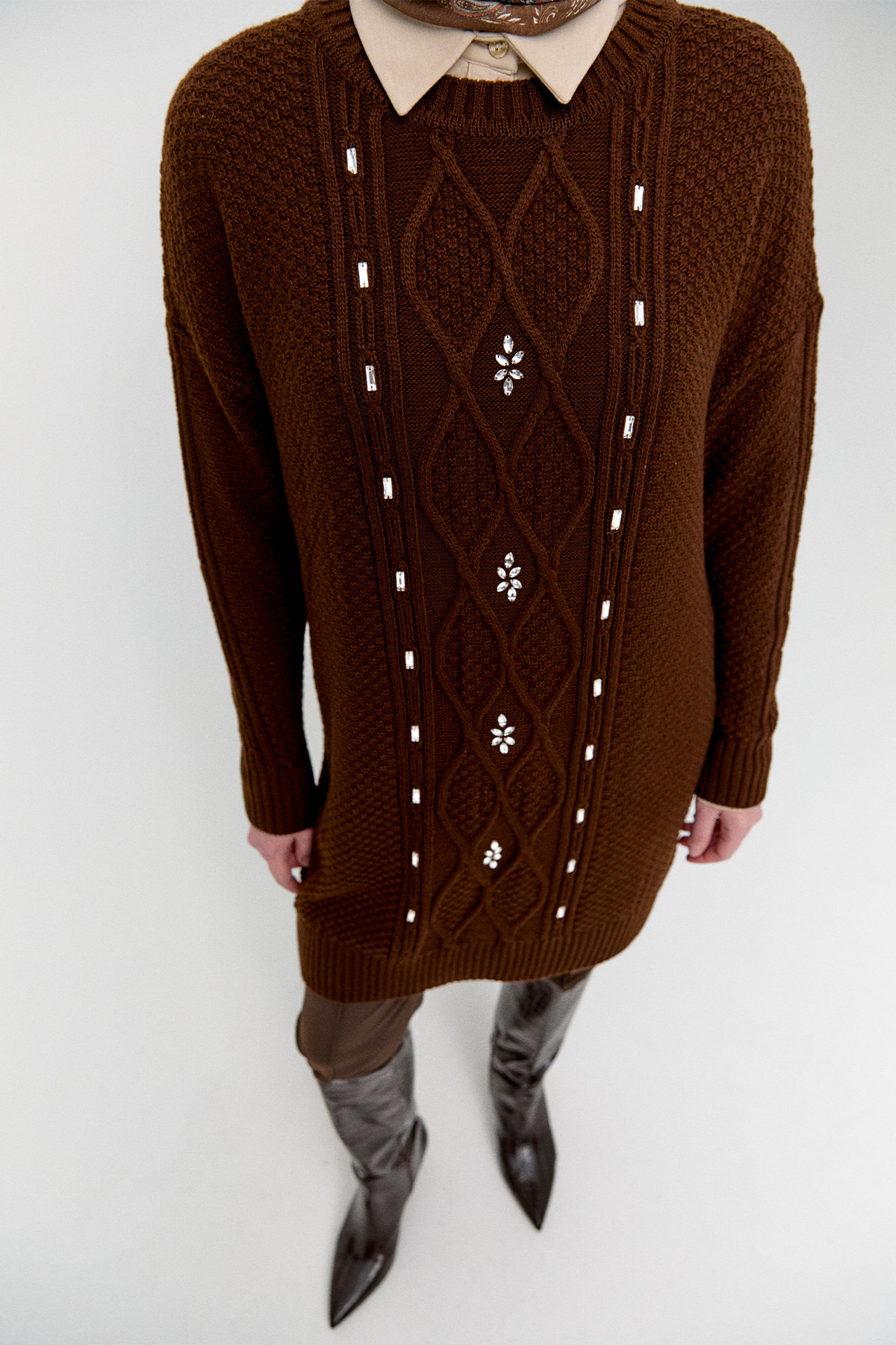 Taşlı Desenli Triko Tunik, Tesettür Giyim