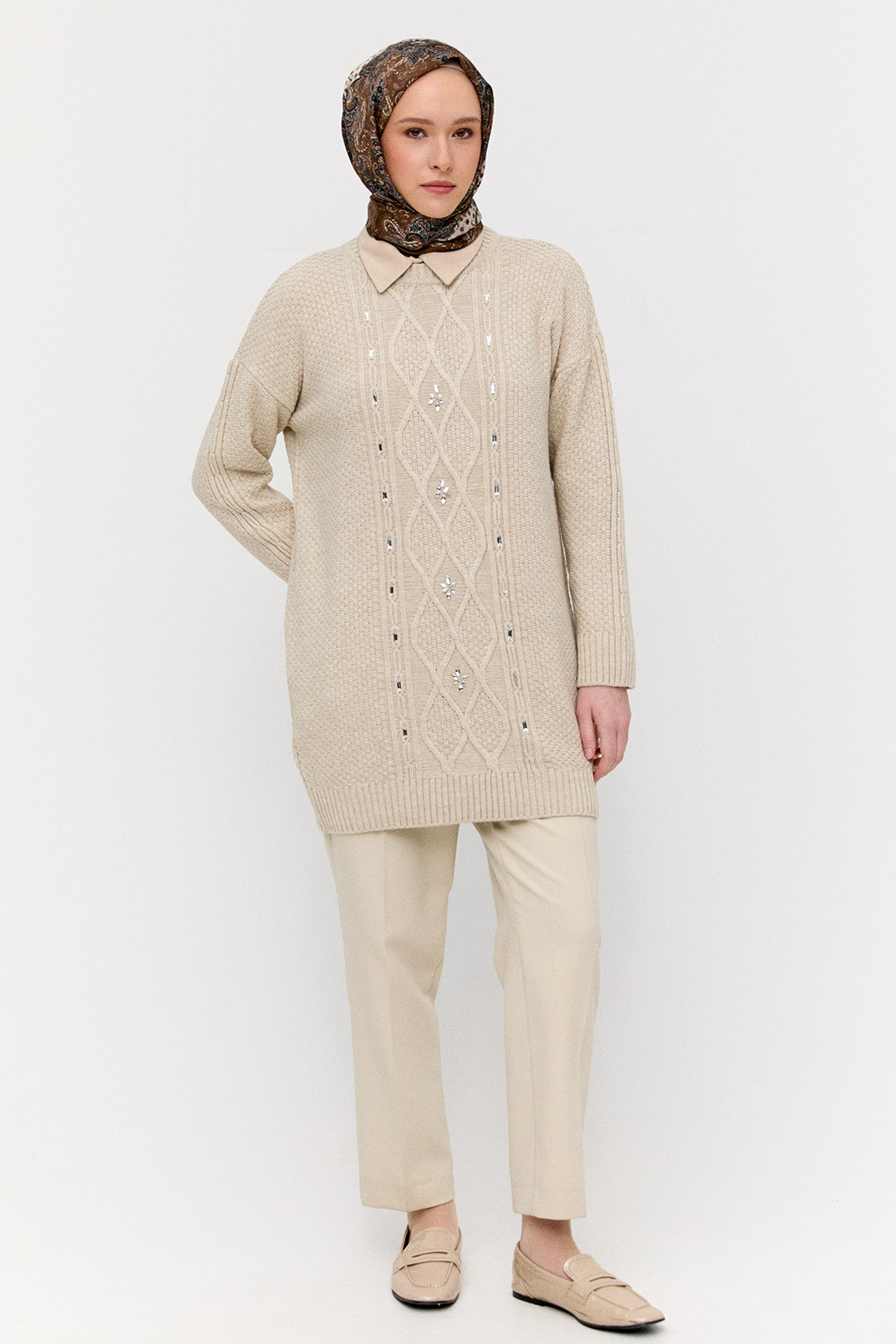 Taşlı Desenli Triko Tunik, Tesettür Giyim