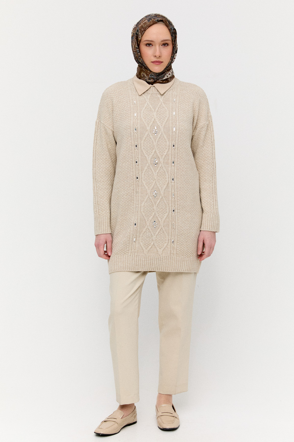 Taşlı Desenli Triko Tunik, Tesettür Giyim